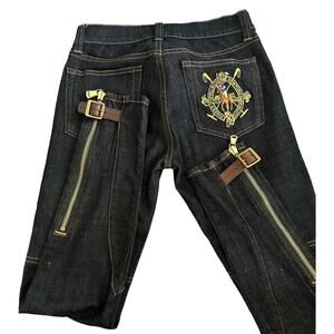 Ralph Lauren embroidered polo on dark denim with leather & zippers at ankle 28